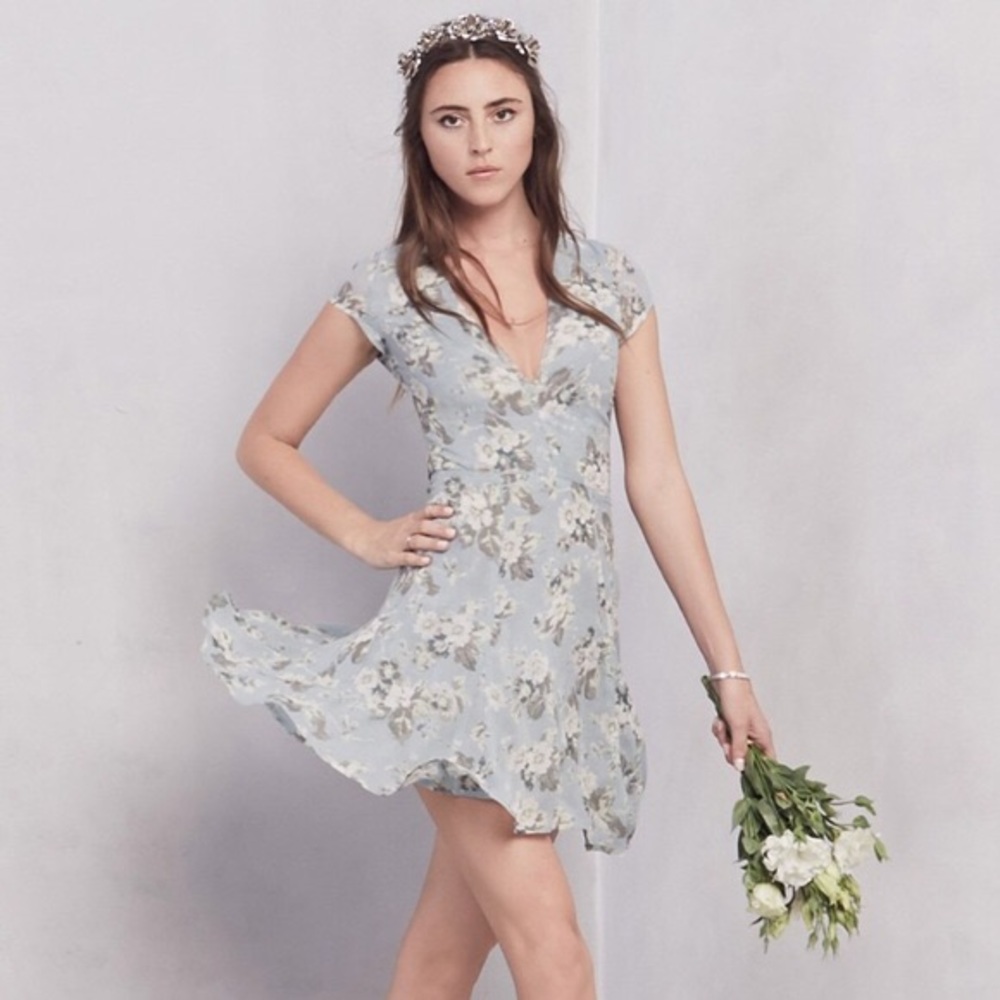 Reformation Floral Mini Dress in Light Blue and White